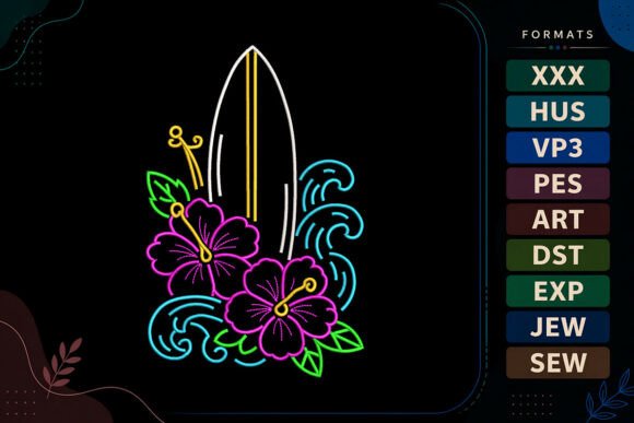 Tropical Surfboard Summer Embroidery Design